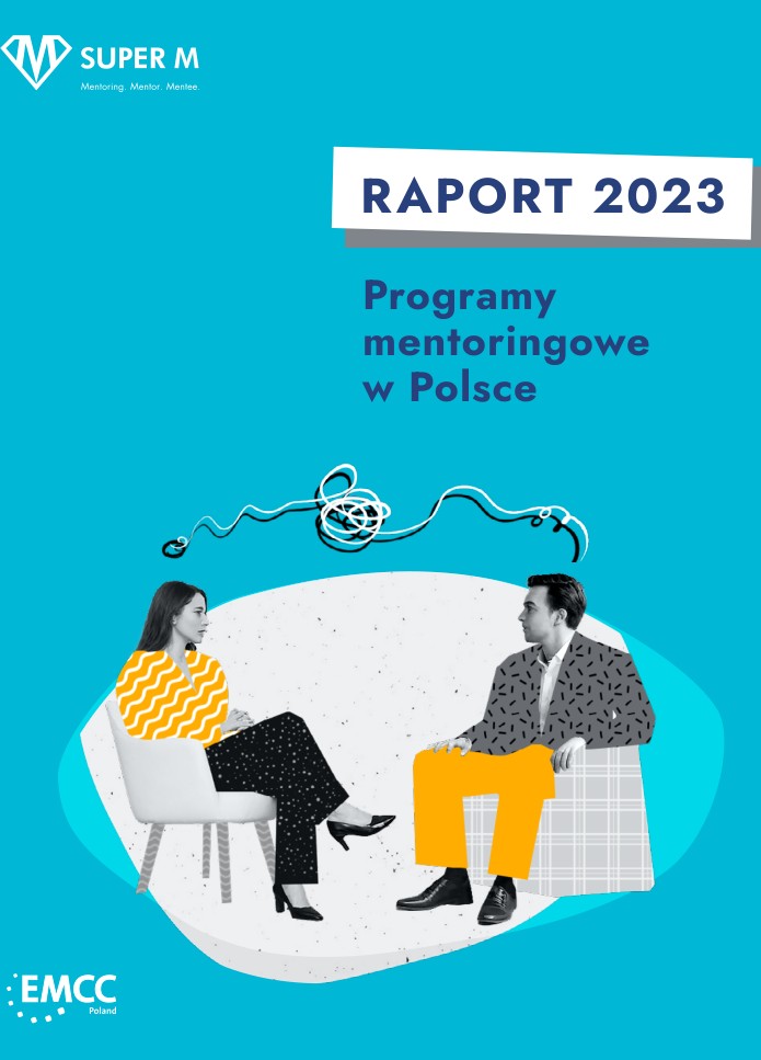 Okładka Raport 2023 Programy mentoringowe w Polsce, na której dwoje ludzi siedzi a nad ich głowami jest rysunek sugerujący że mają sprzeczne myśli
