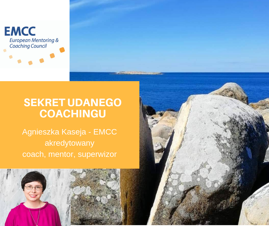 Zdjęcie morza za skał. Jest również tekst Sekret udanego coachingu Agnieszka Kaseja - EMCC akredytowany coach, mentor, superwizor